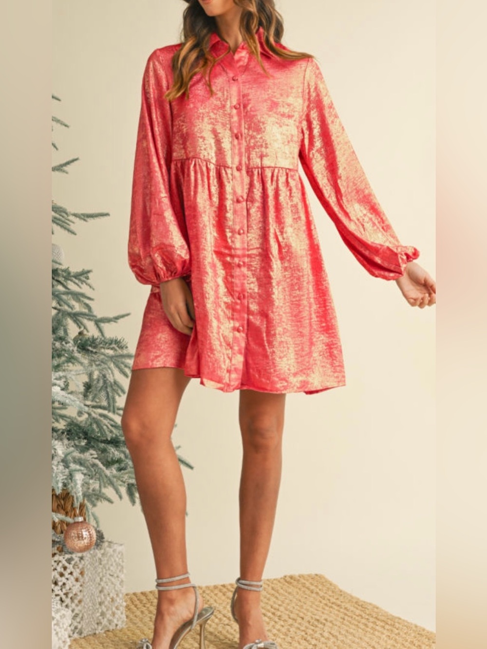 Fall Peach Blossom Metallic Sheen Puff Sleeve Button Up Mini Shirt Dress